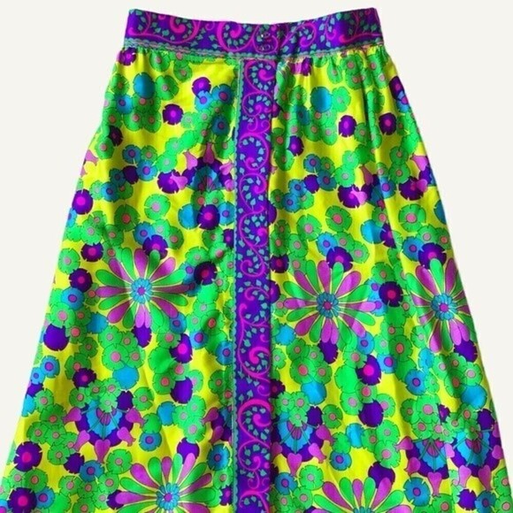 Vintage 70s Alex Colman Psychedelic Floral Maxi Wrap Skirt Neon Boho Small - Picture 8 of 16